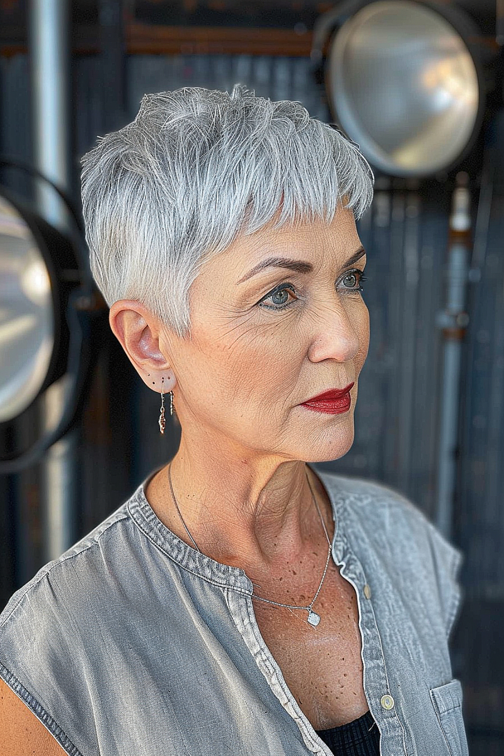 Silver pixie cut with textured layers on a woman over 50