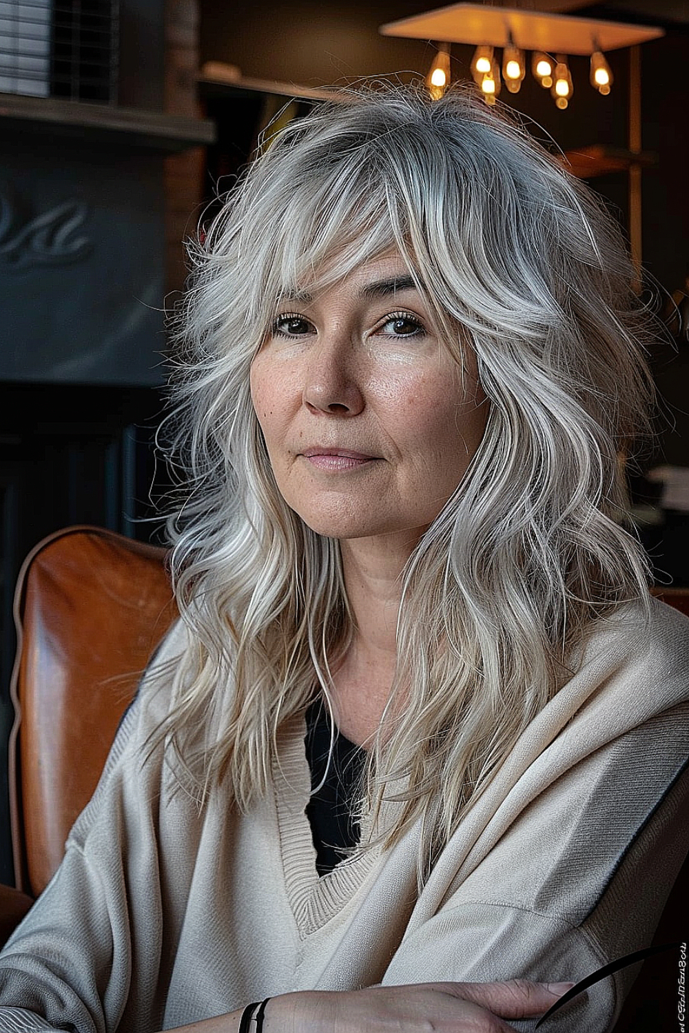 Woman with a layered cut featuring cool-toned silver waves