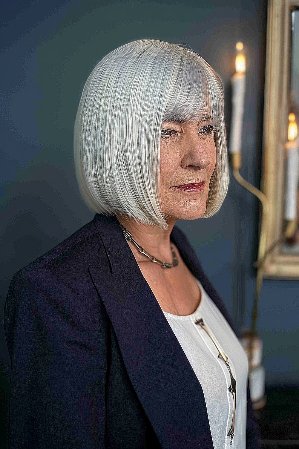 Silvery grey blunt bob hairstyle for mature women