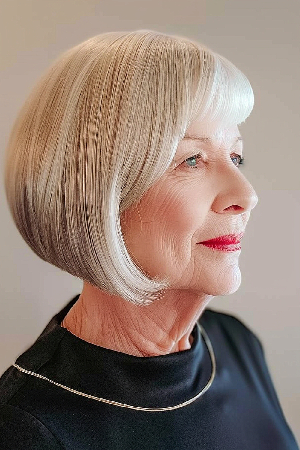 A sleek A-line bob with a precision cut and platinum coloring on a sophisticated woman.