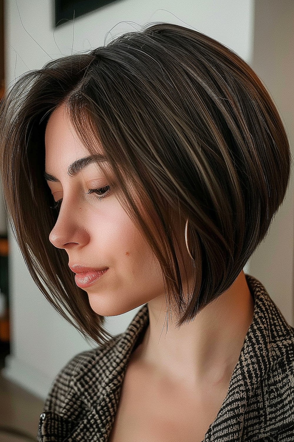 Woman with a sleek A-line bob haircut with subtle highlights