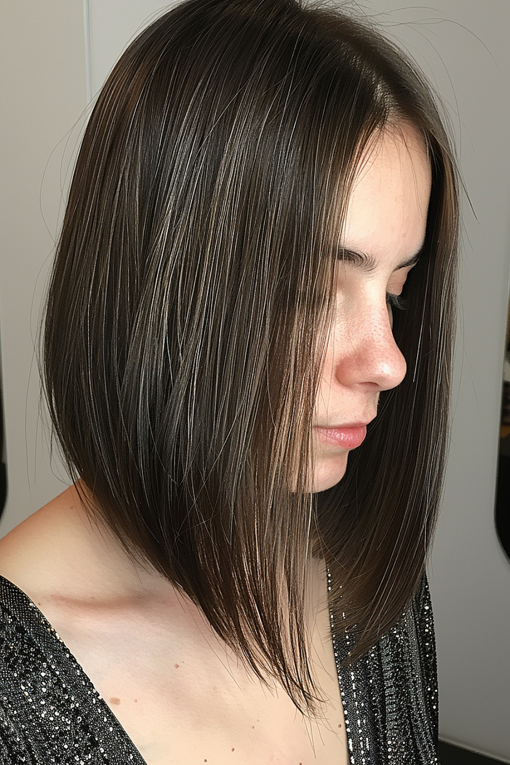 A sleek A-line lob haircut for fine hair, showcasing sharp, clean lines and a smooth finish