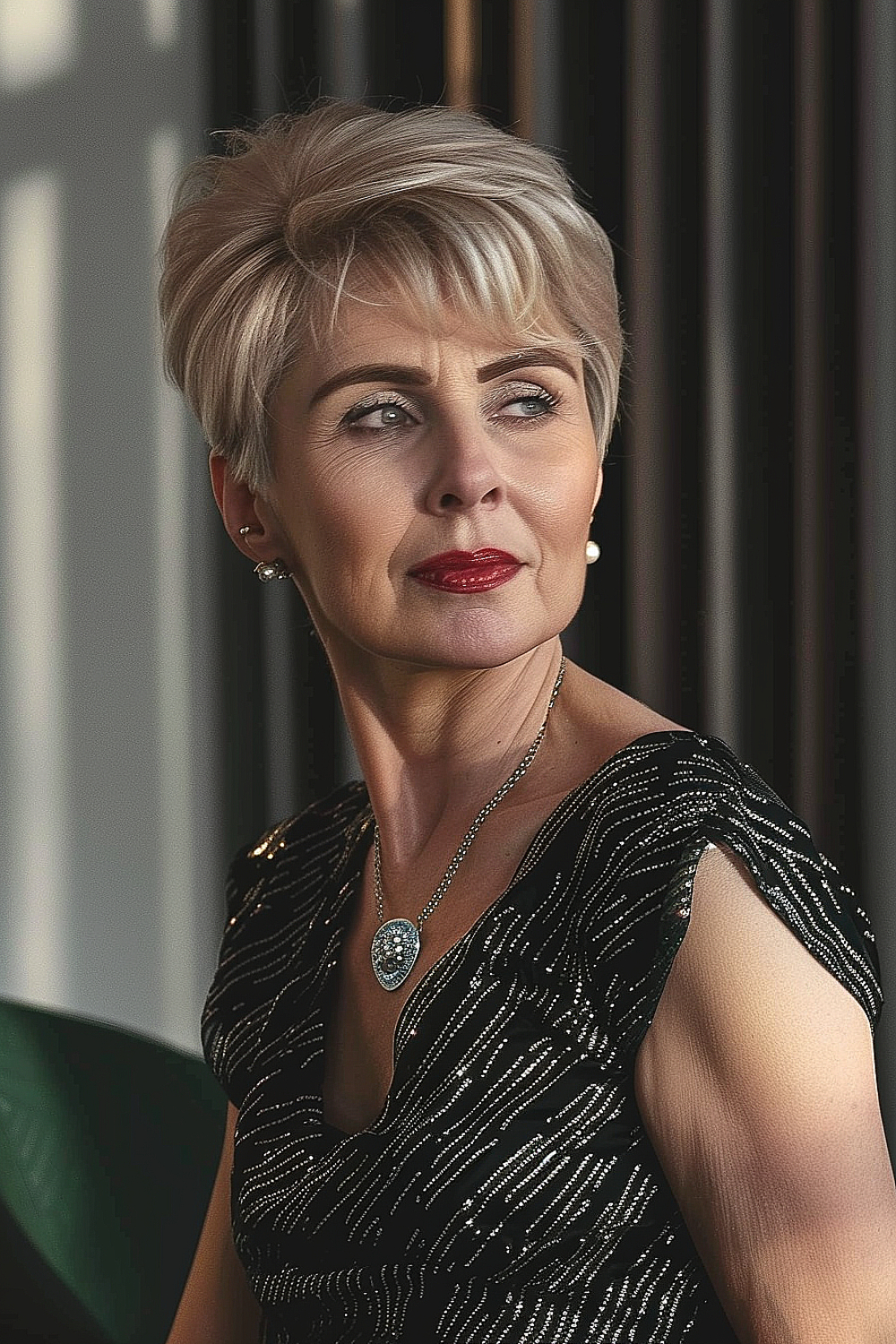 Mature woman with a sleek and shiny light blonde pixie haircut