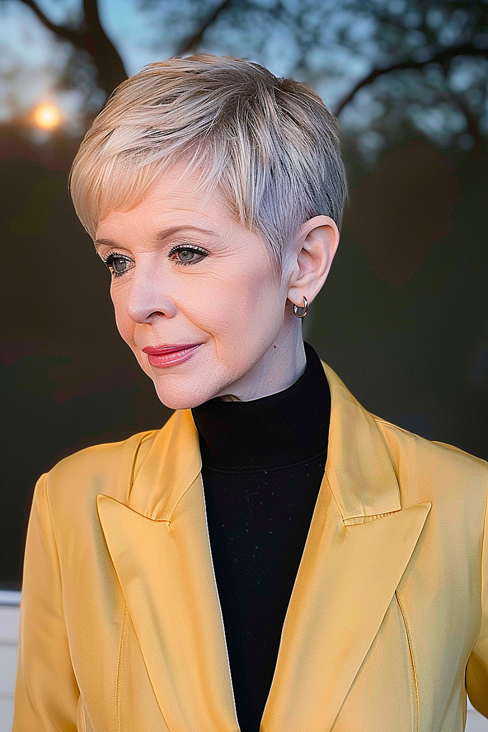 A woman with a sleek and sophisticated pixie cut in blended gray and blonde tones