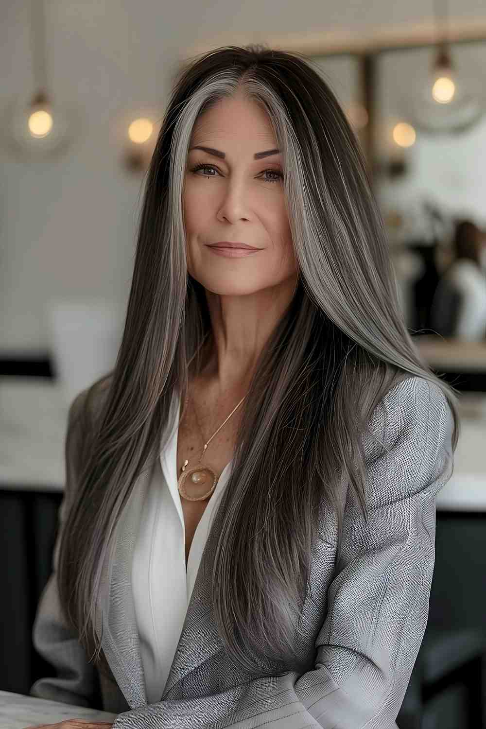 Sleek and straight with a middle part for women over 60