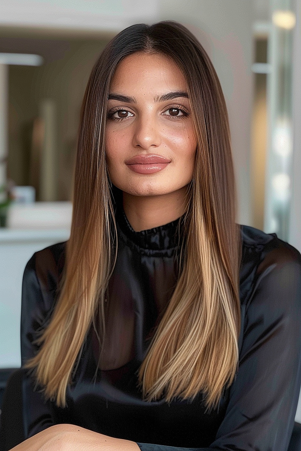 Straight hair with a middle part and gradient from brunette to blonde tips