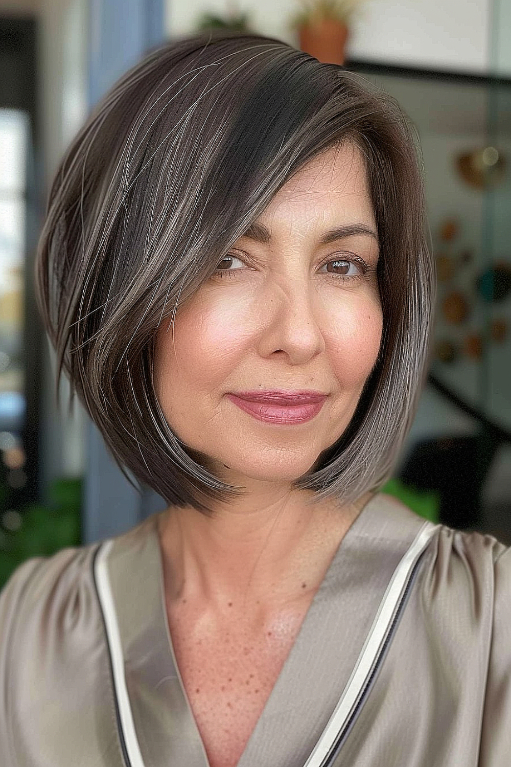 A woman sporting a sleek angled bob with charcoal and silver highlights and a deep side part