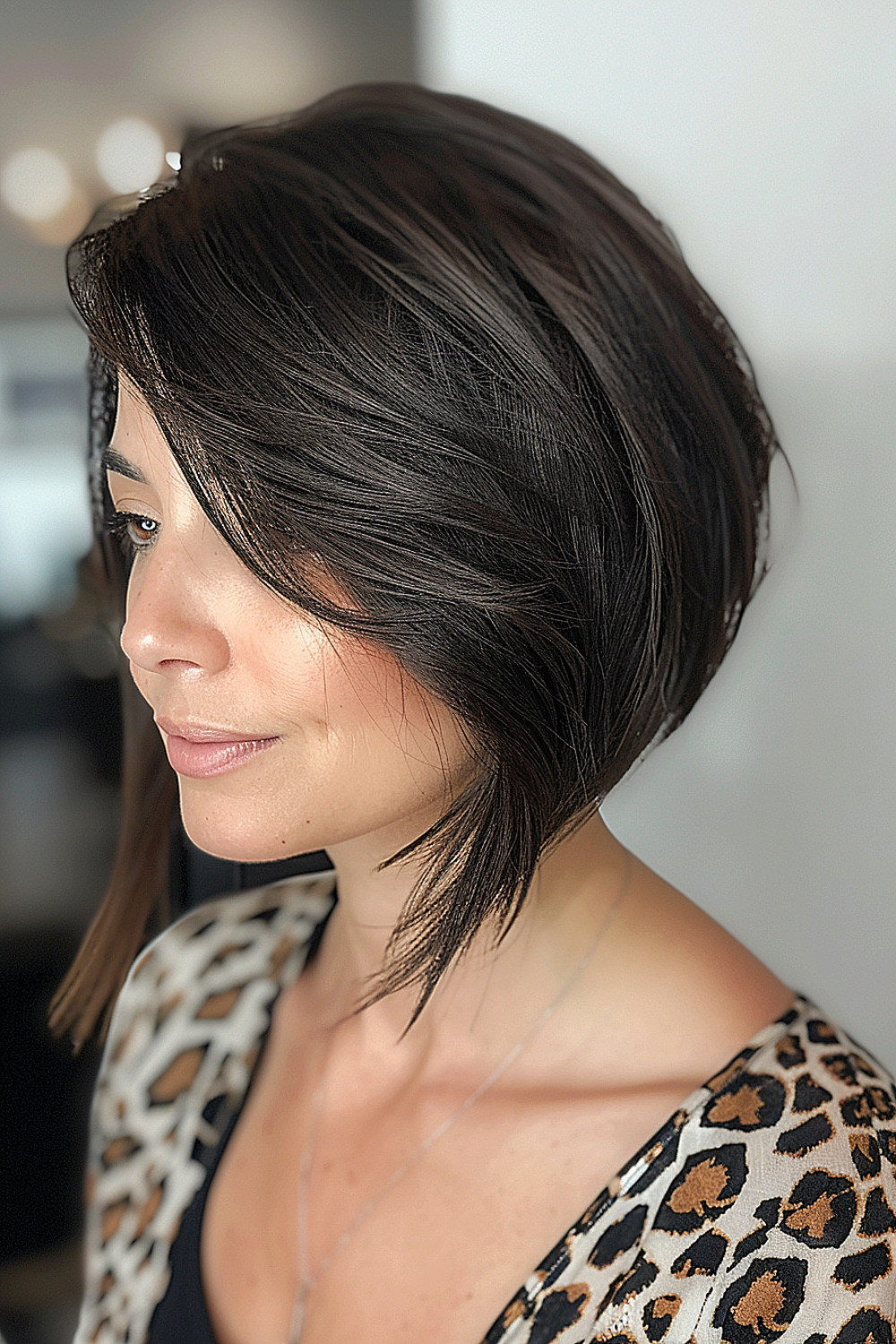 Sleek angled bob with deep side bangs