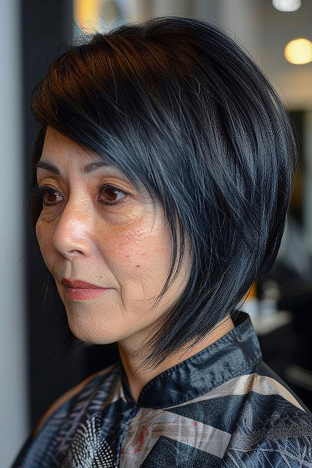 Sleek asymmetrical bob in jet black