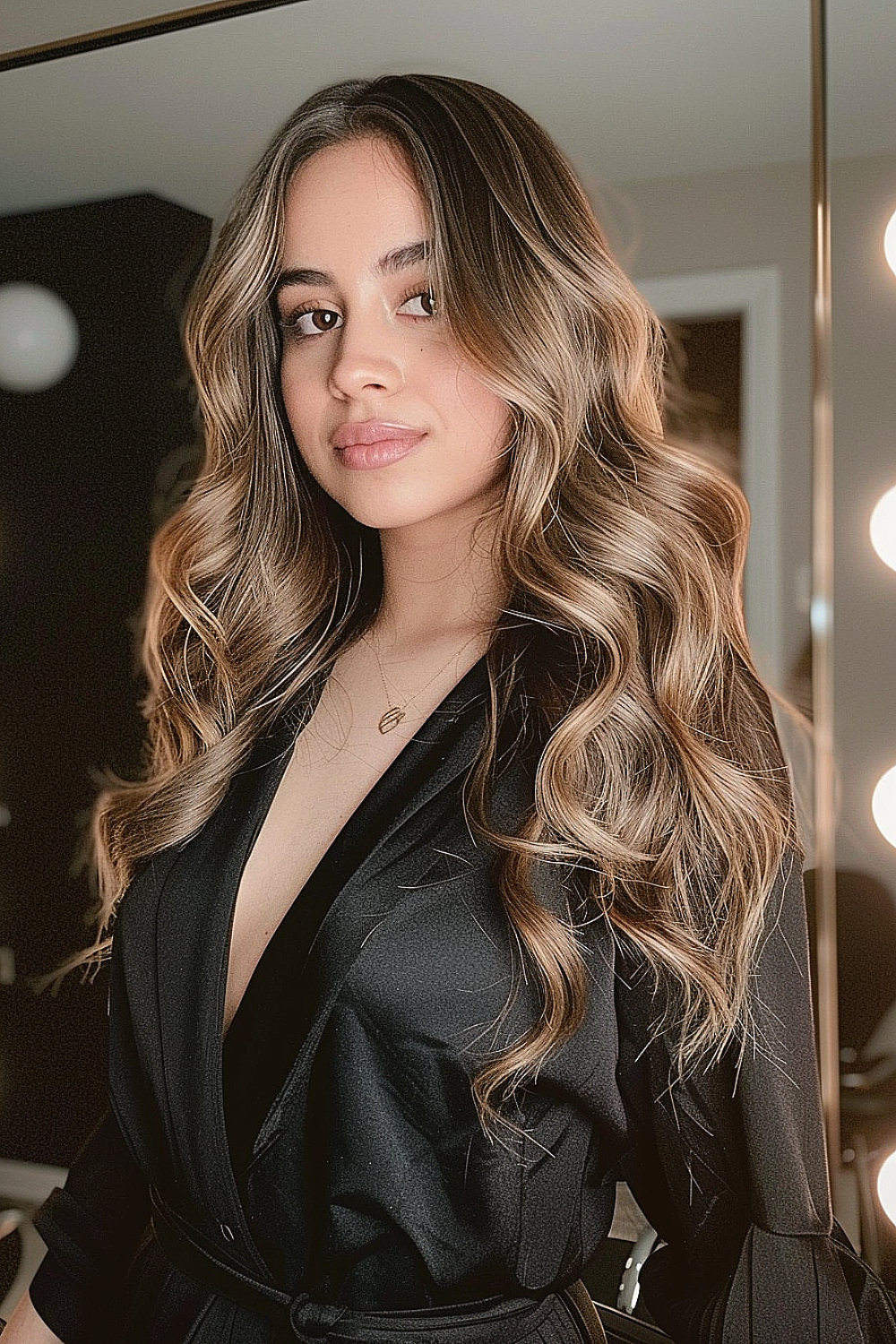 Long hair with sleek beach waves and a glossy finish