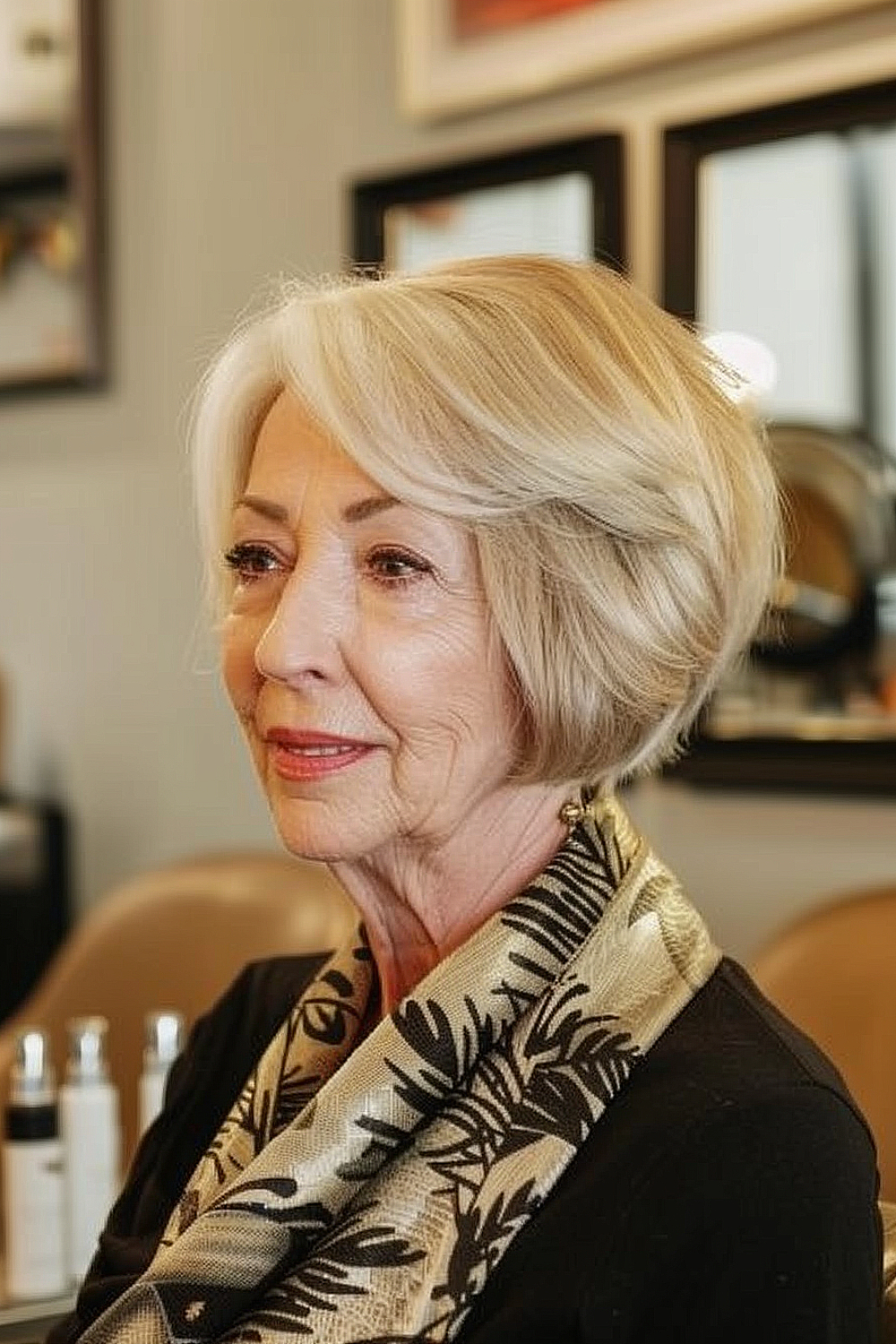 Woman over 60 with a sleek platinum blonde bixie haircut styled with a side parting