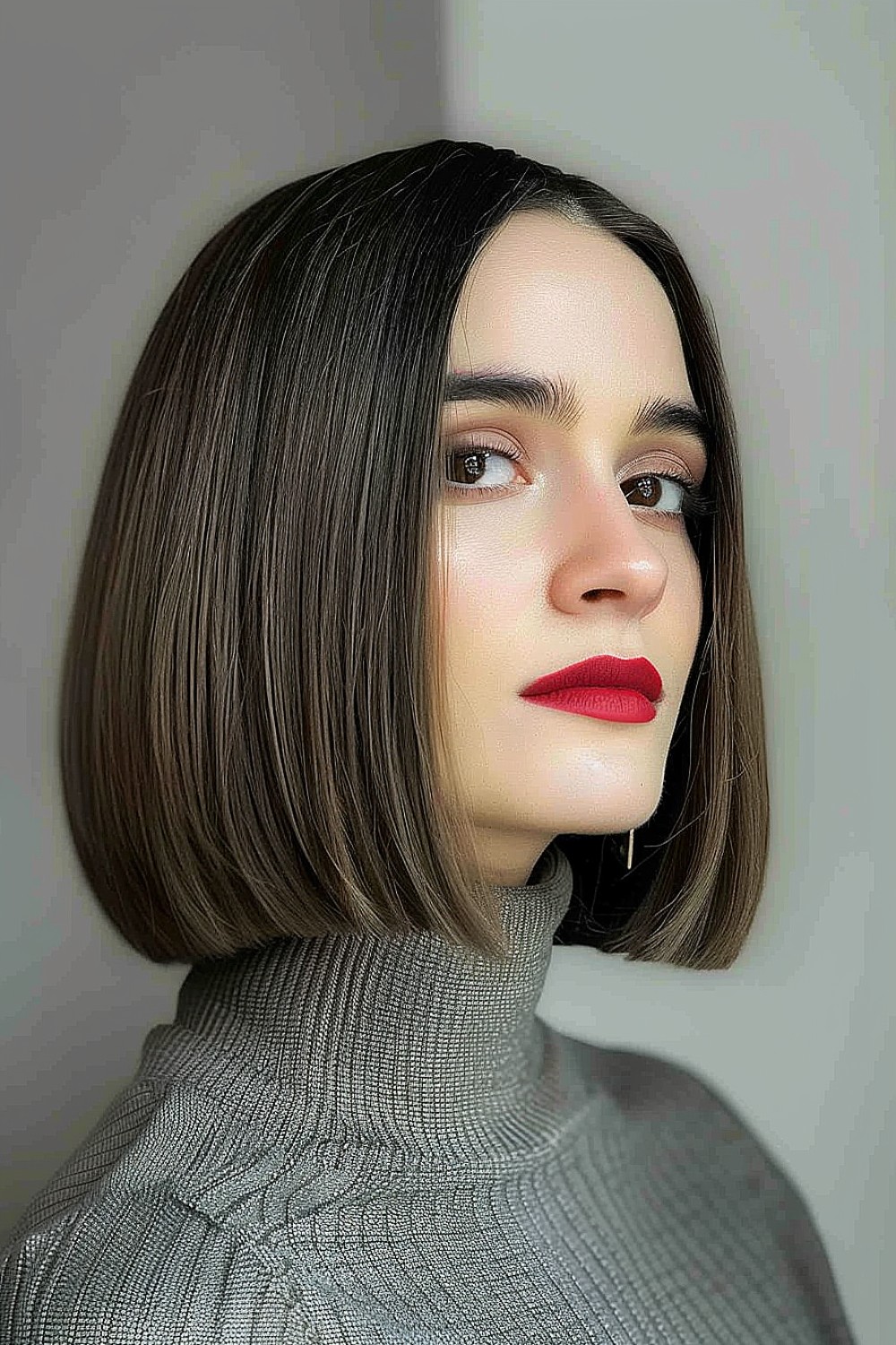 Sleek blunt bob with a middle part