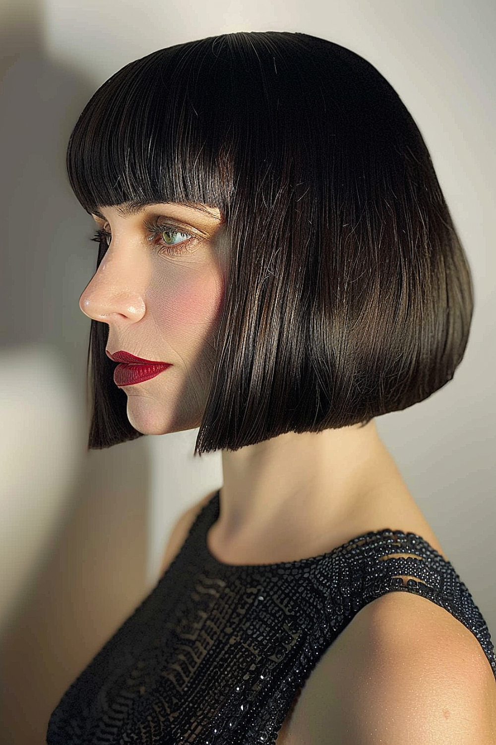 Woman with a sleek, dark bob and bold straight bangs