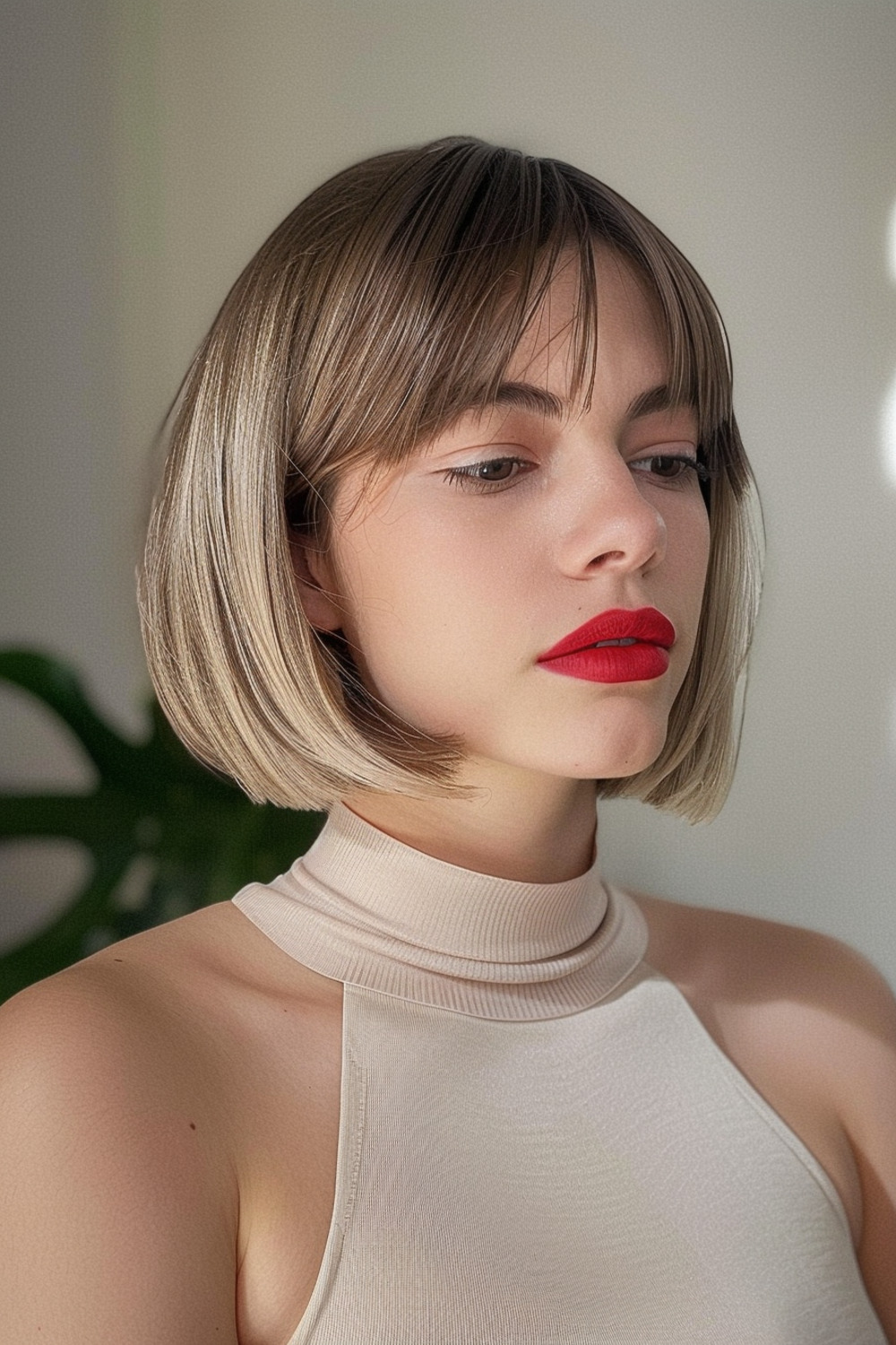 Sleek bob with curtain bangs