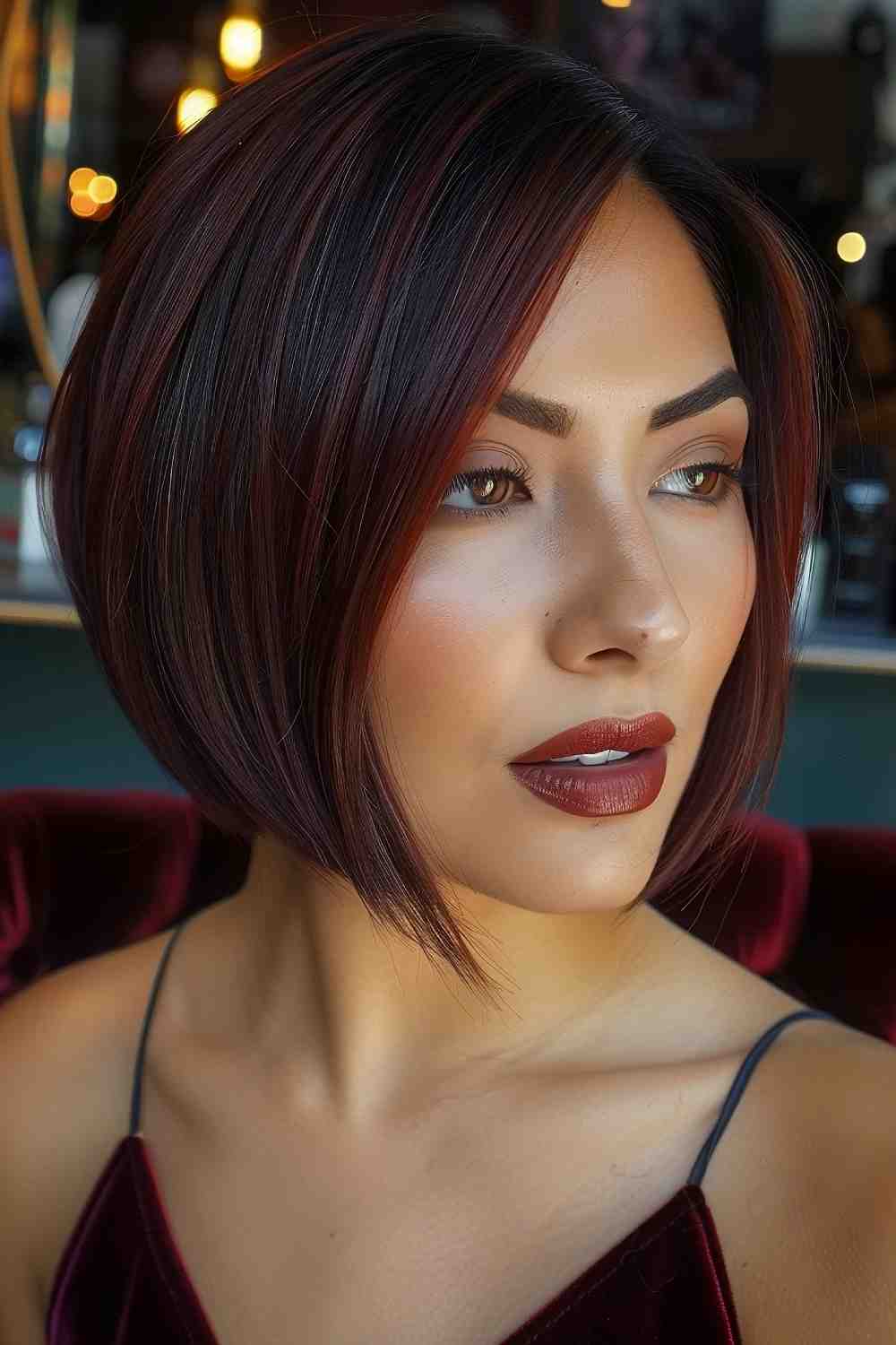 Sleek Bob with Deep Burgundy Tones