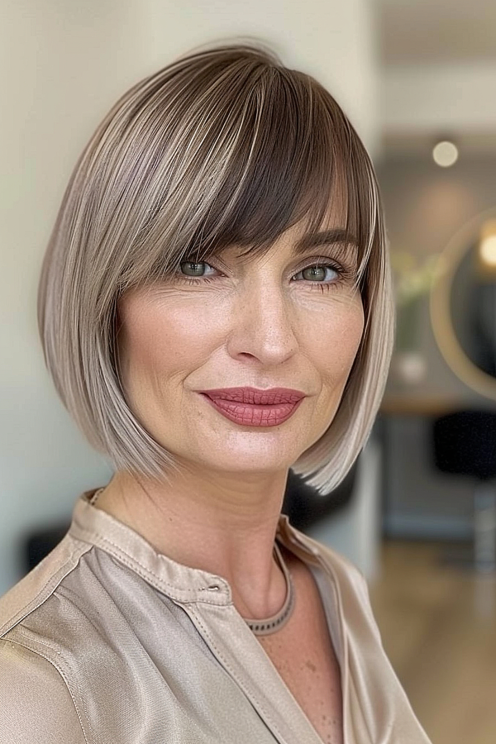 Woman with a sleek bob haircut featuring precision cut and side-swept bangs with ash and blonde highlights