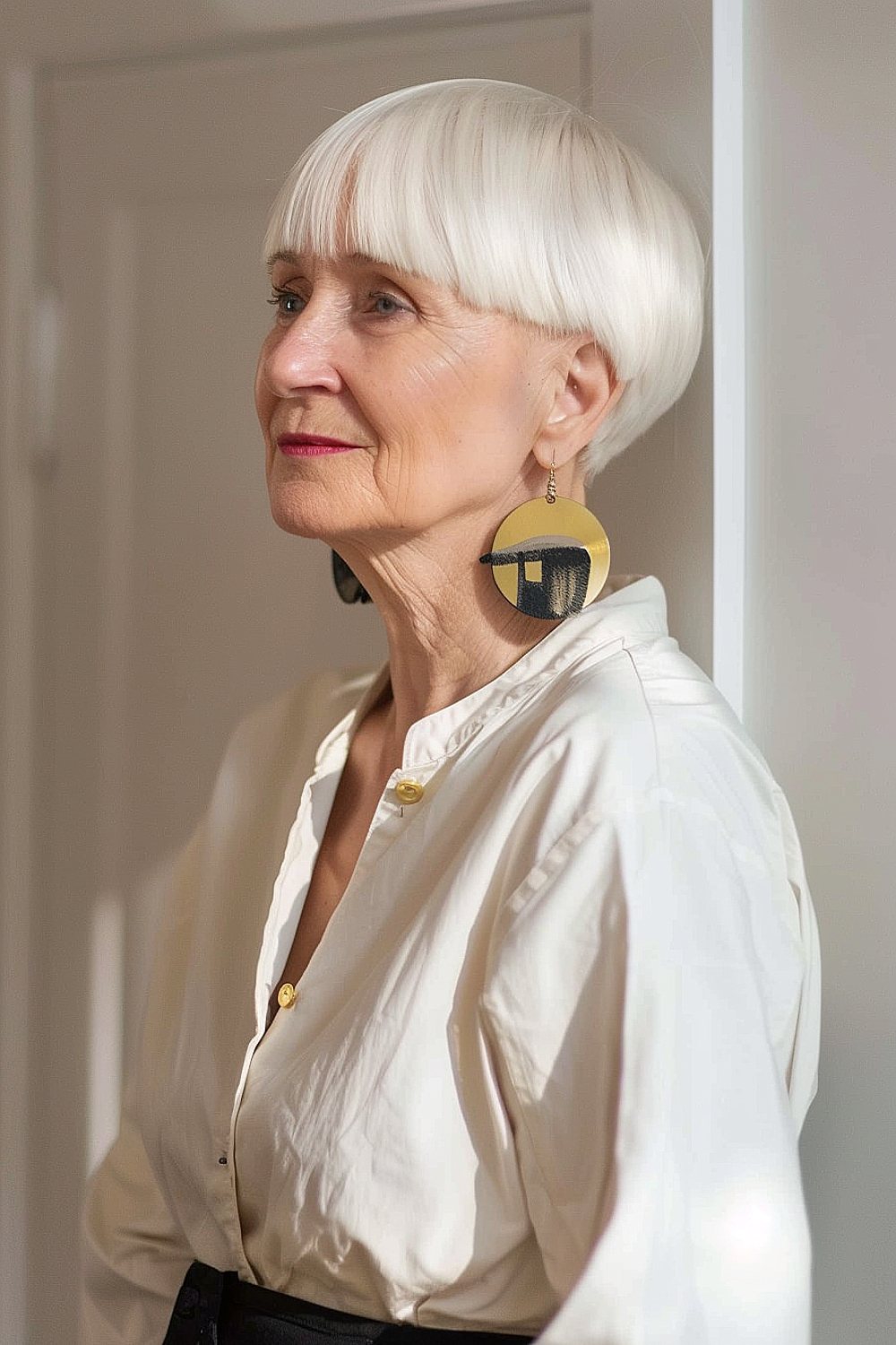 A woman with a sleek, platinum blonde bowl cut in a contemporary style