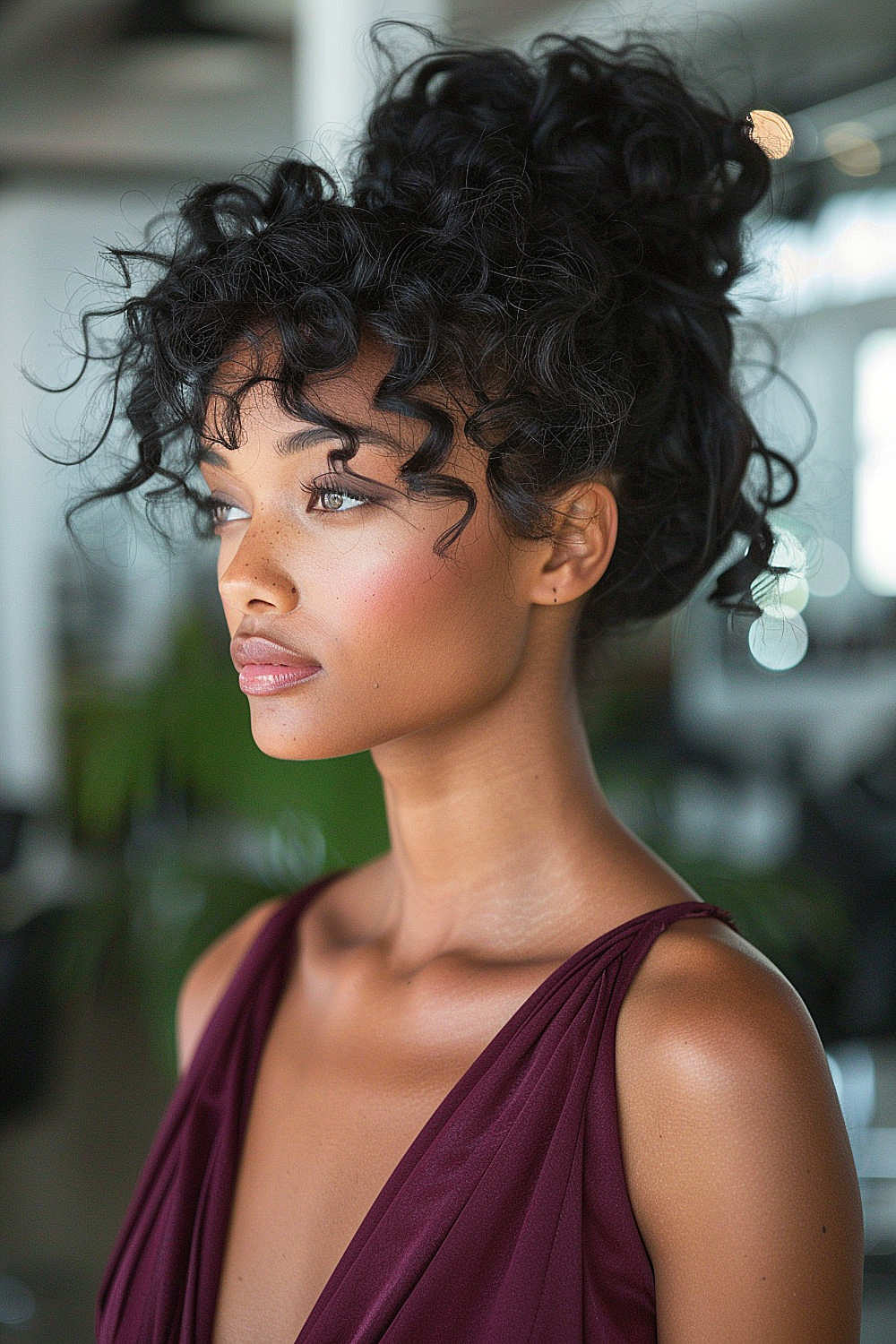 Sleek curly updo with wispy bangs