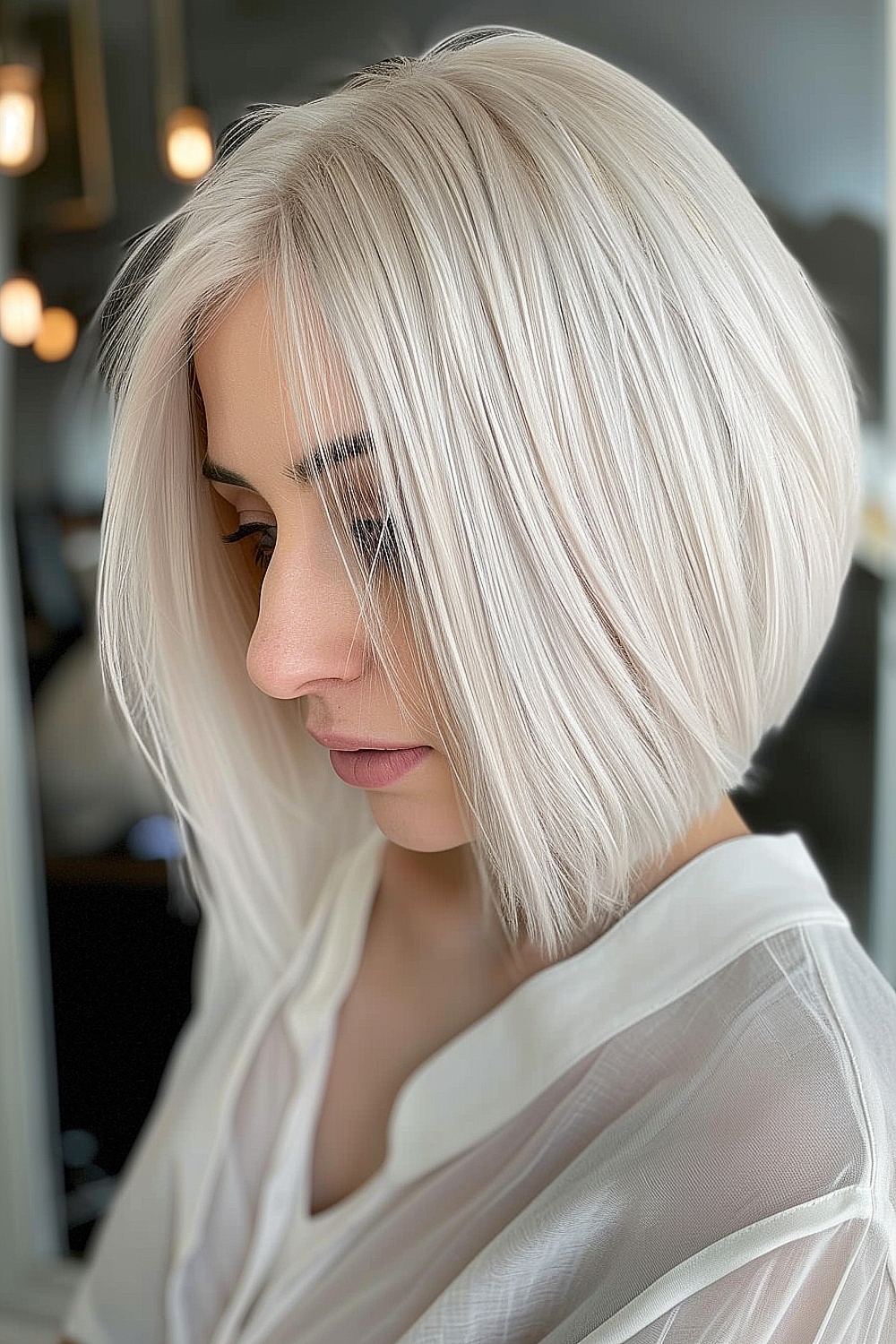 Sleek inverted bob with ice blonde tones