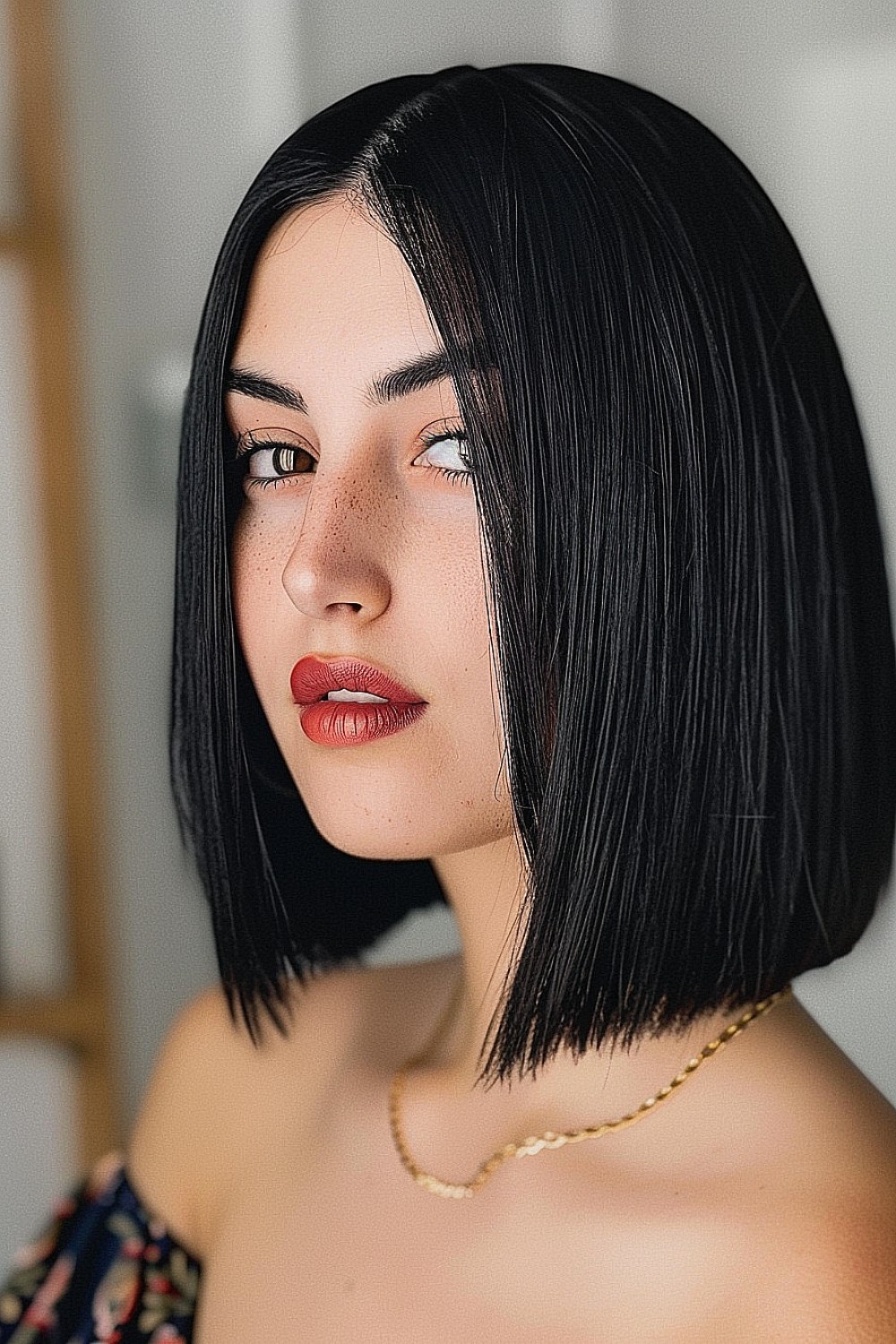 Sleek lob with blunt ends and deep, rich color