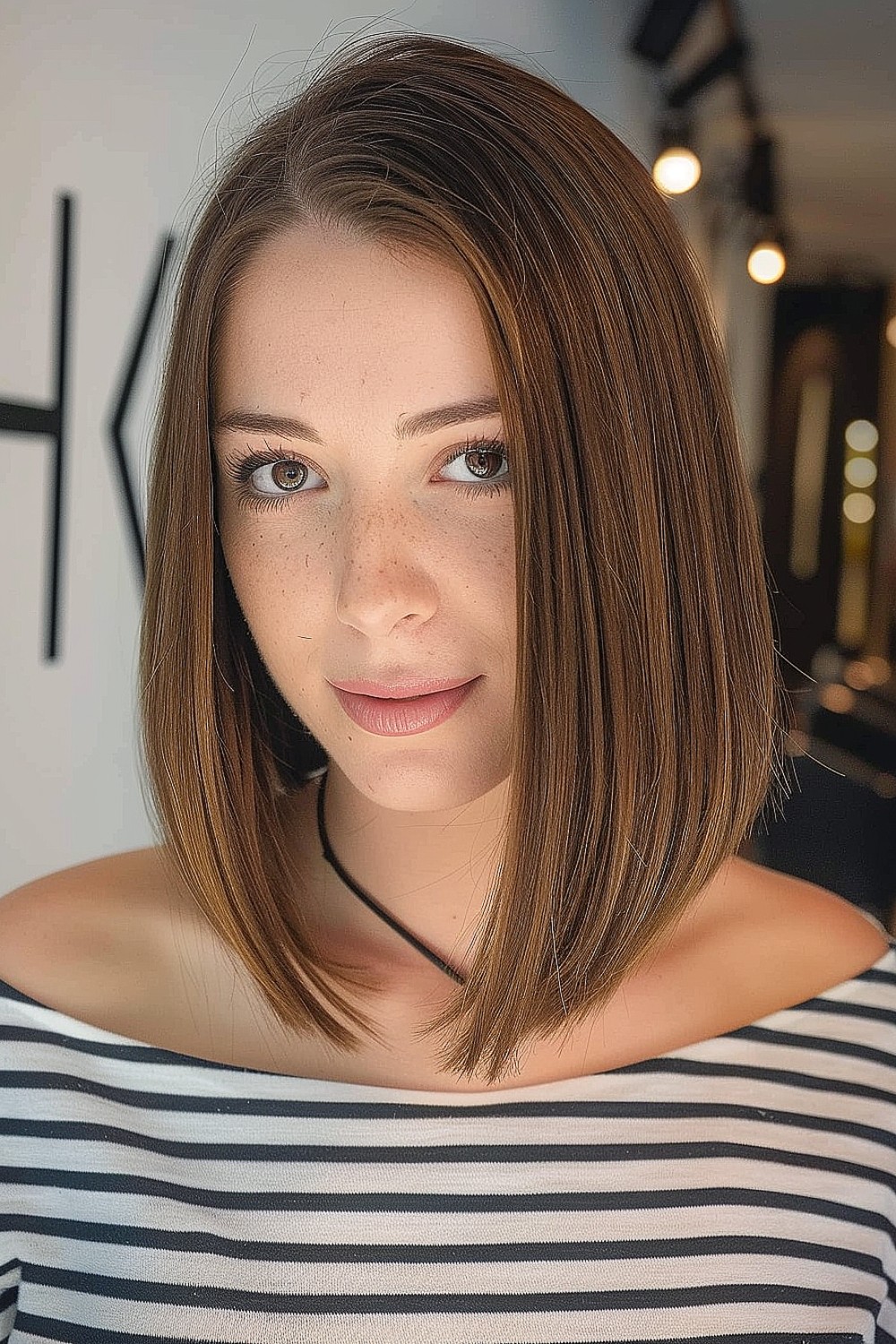 Woman with a sleek lob haircut and a side part