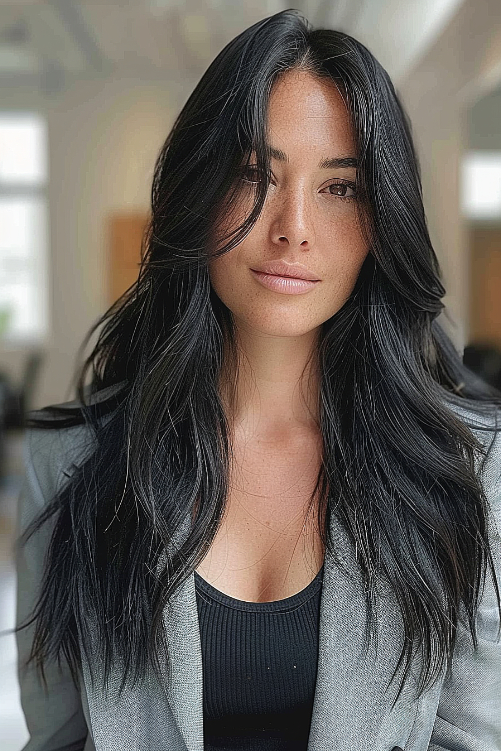 A woman with sleek, long layered hair and a middle part, in a deep black color