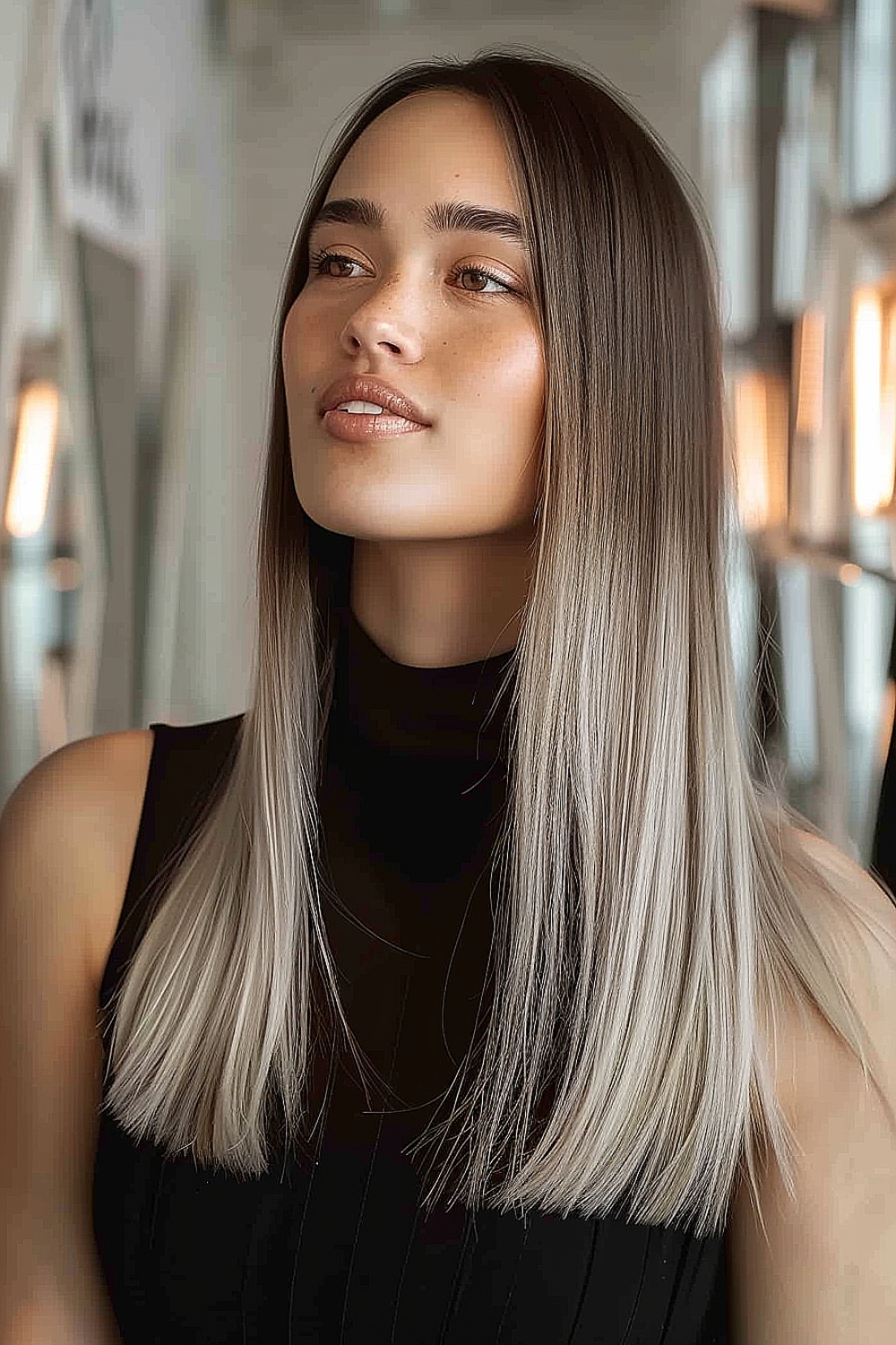 Sleek long hair with blunt ends and gradient brown to blonde coloring