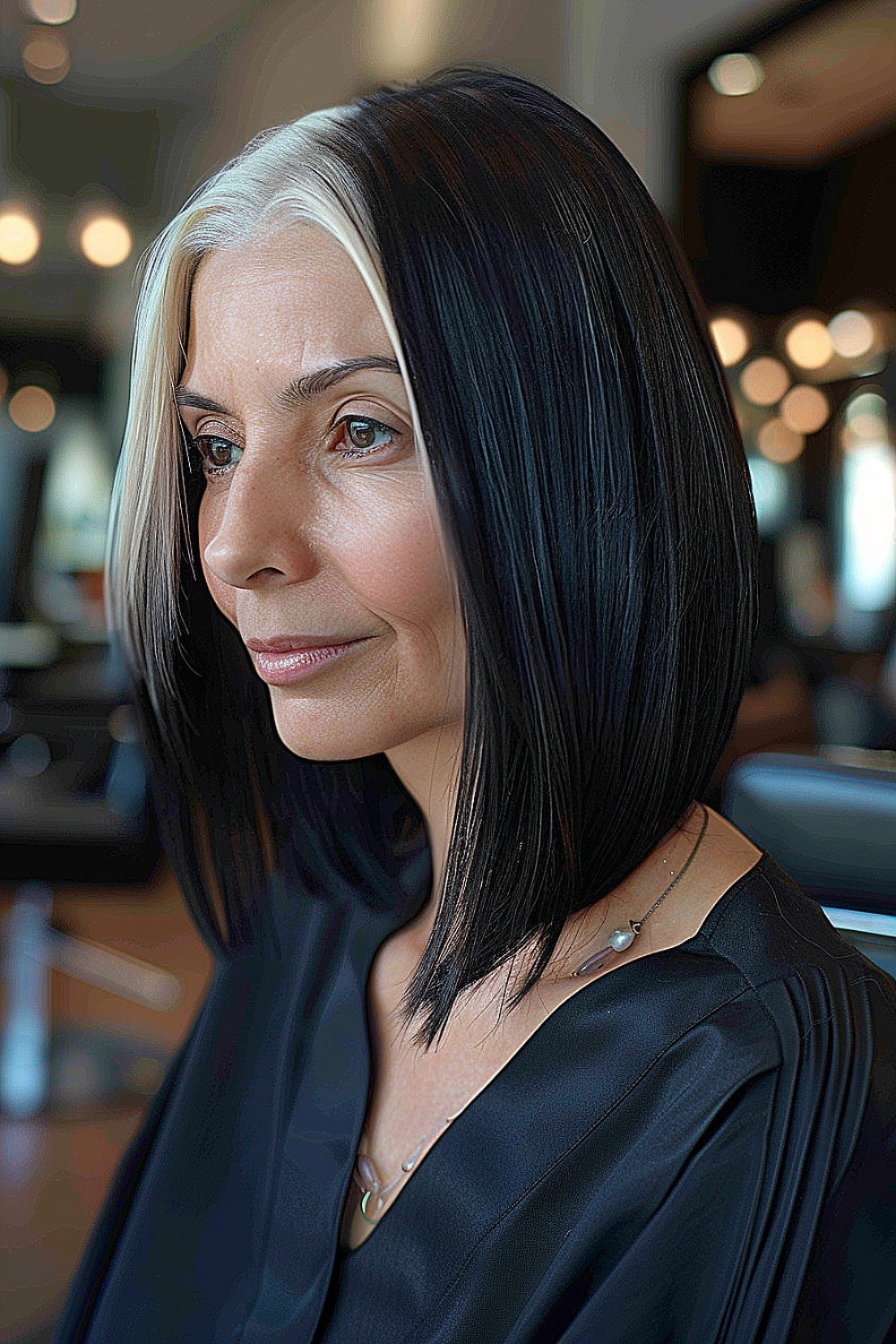 Sophisticated woman over 70 with a sleek A-line bob featuring black and white contrasting colors.