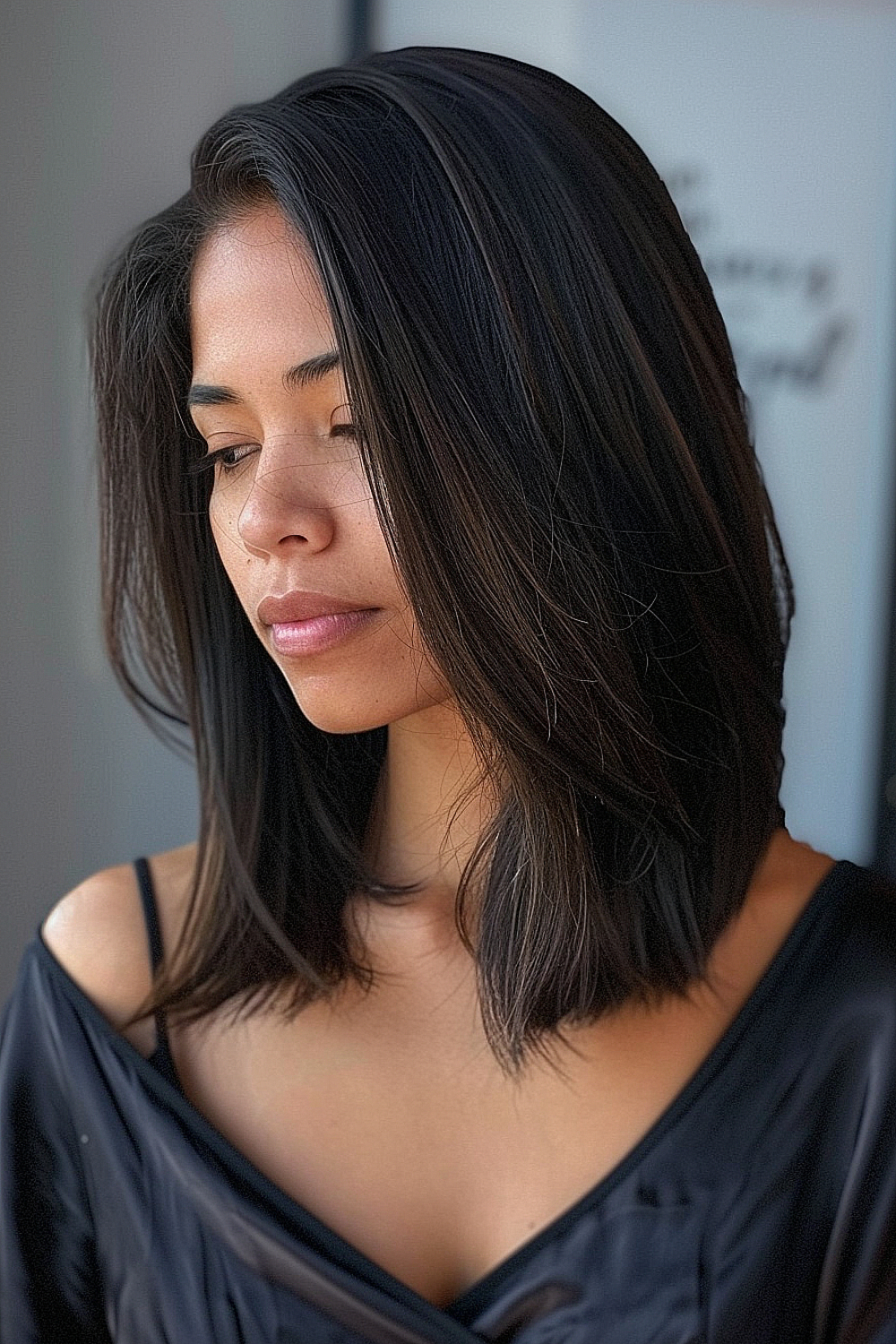 Sleek mid-length cut with a deep side part