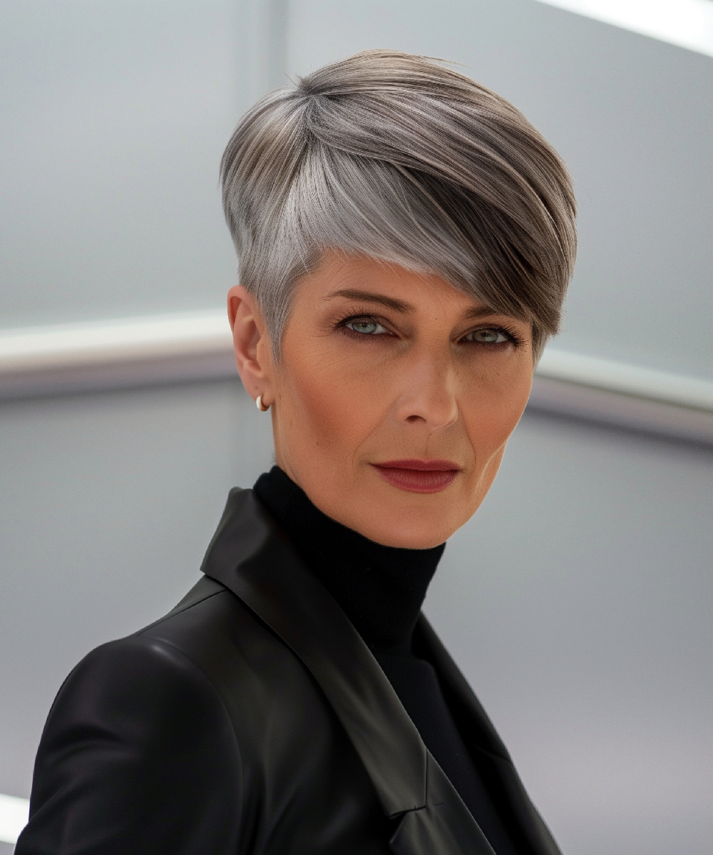 Sleek pixie with silver highlights