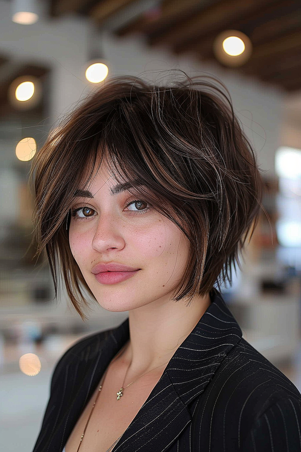 Woman with a sleek shaggy bob haircut accented with subtle lowlights