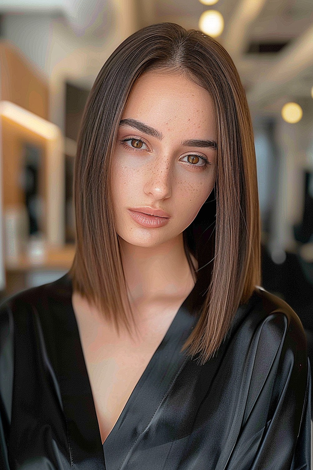 Woman with sleek shoulder-length straight hair