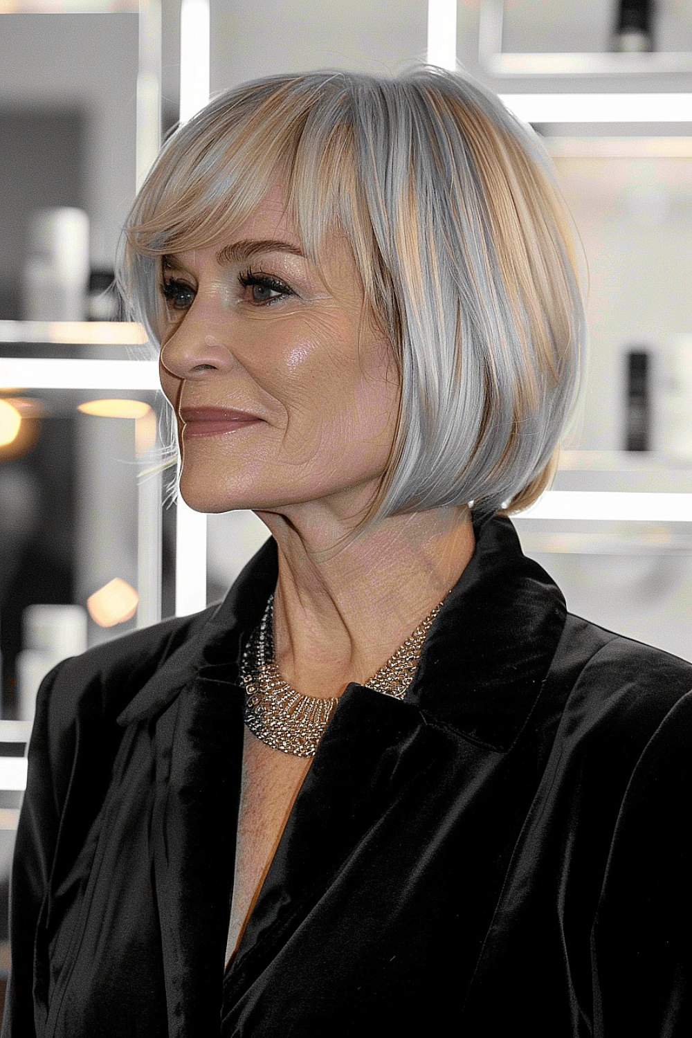 A poised woman with a sleek side-parted bob highlighted by subtle pastel blue tones