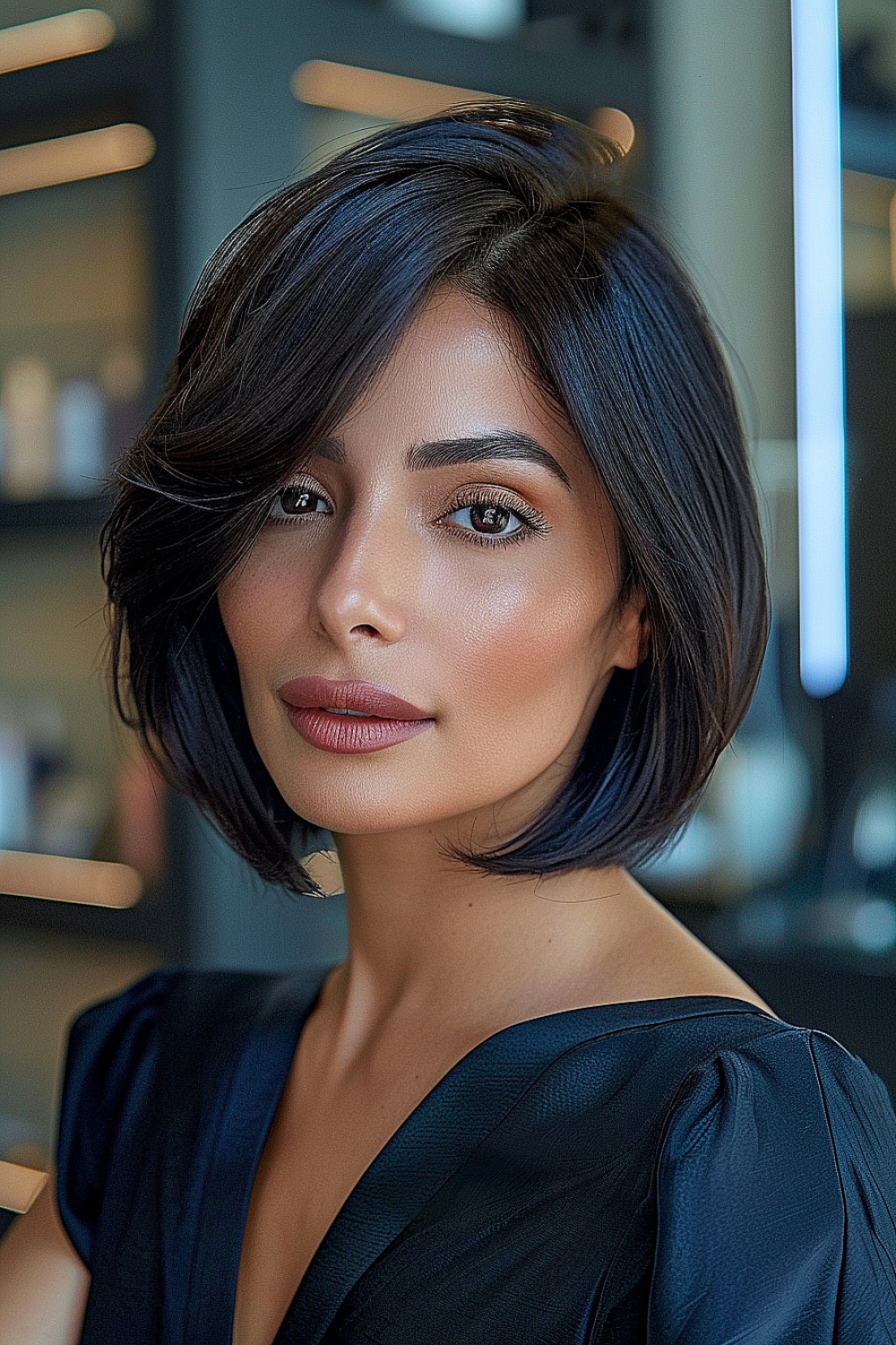 A woman with a sleek side-parted bob in a deep jet-black hue