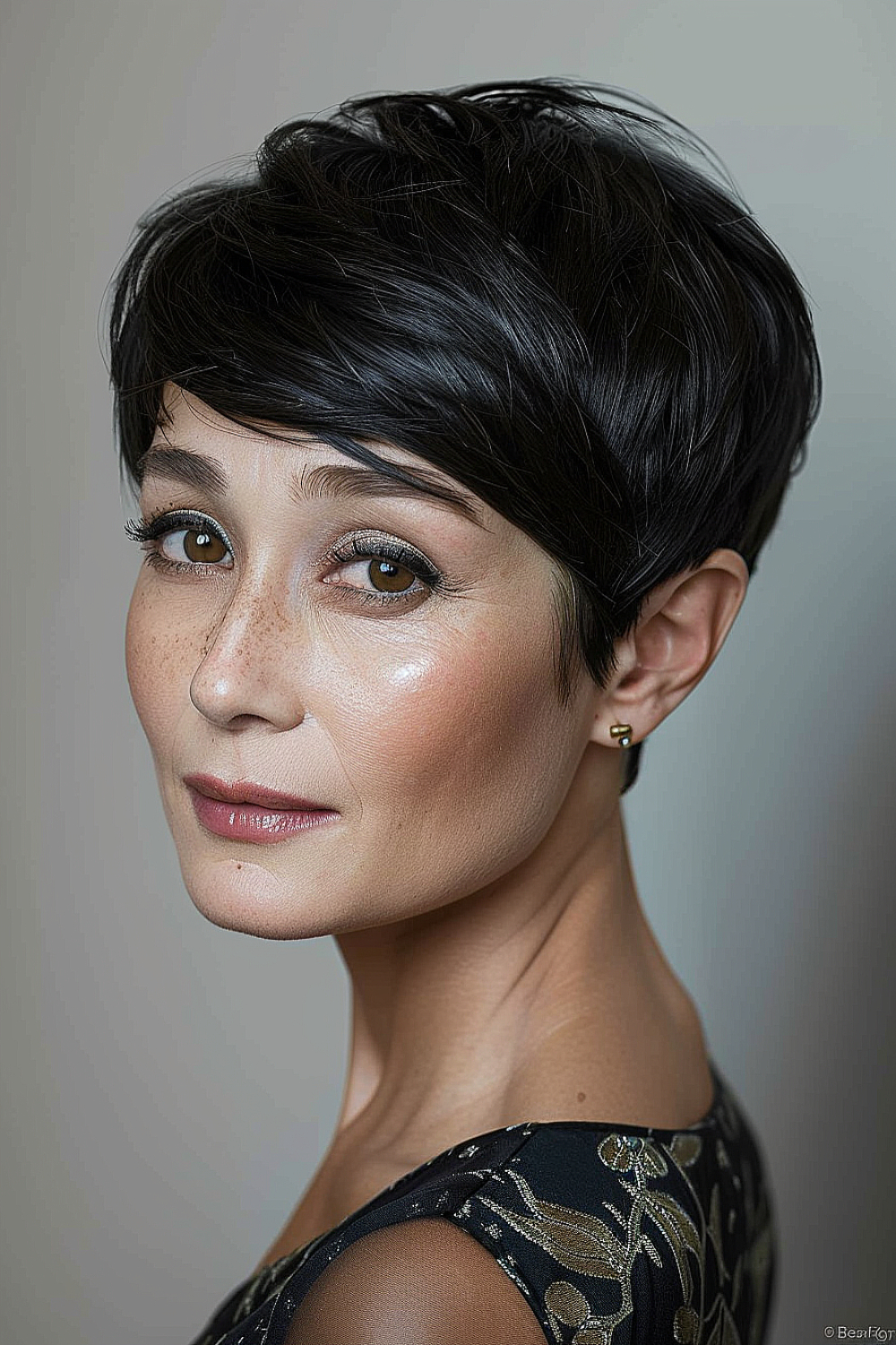 Woman with a sleek side-parted pixie cut and a glossy onyx finish