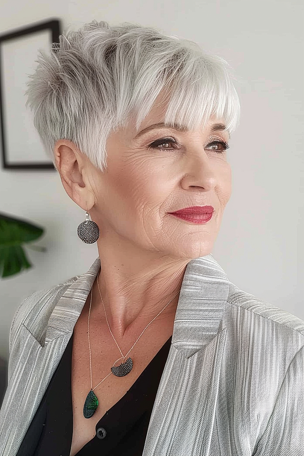 Short silver pixie cut with textured layers and soft fringe.