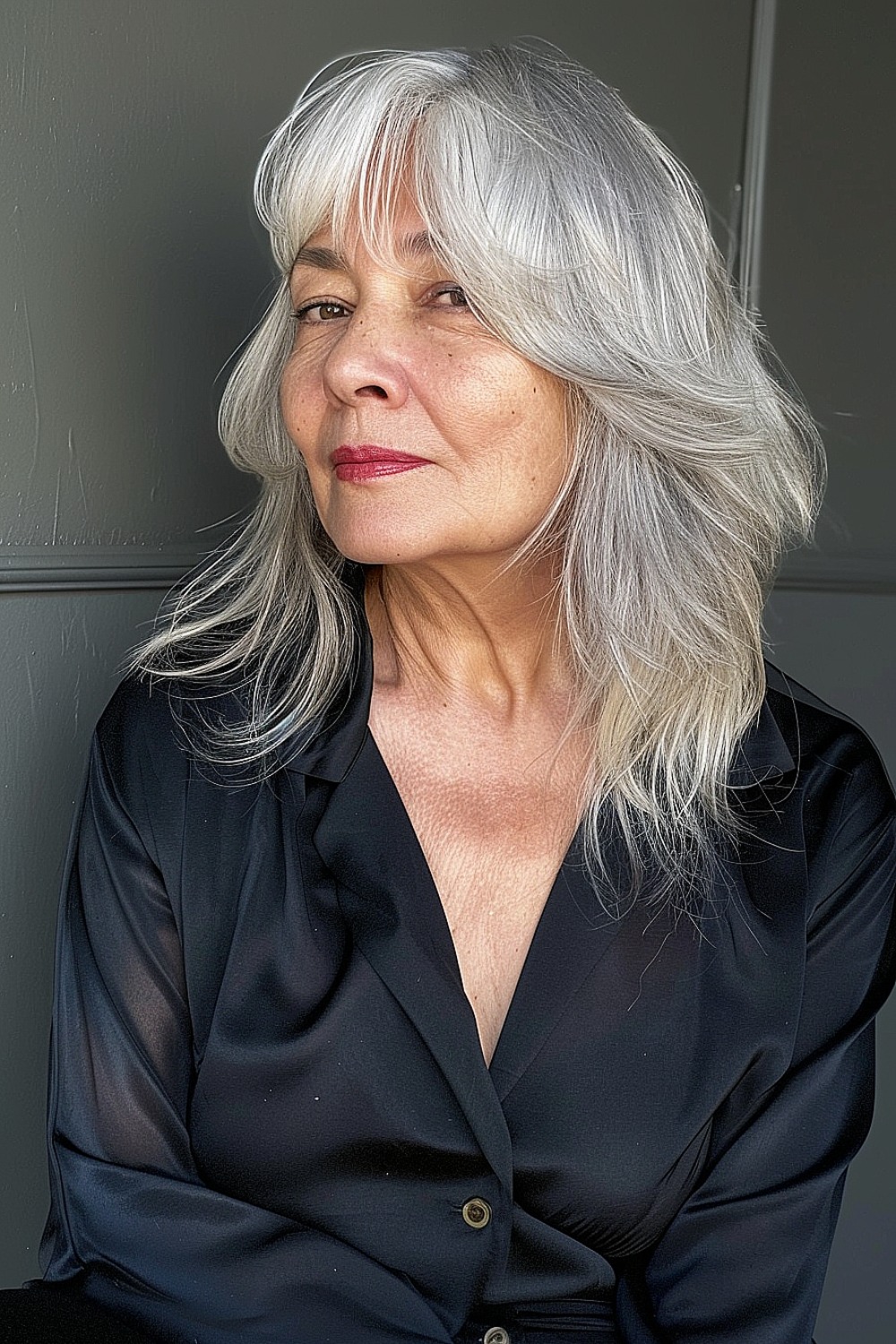 Woman with a silver shag hairstyle and feathered bangs