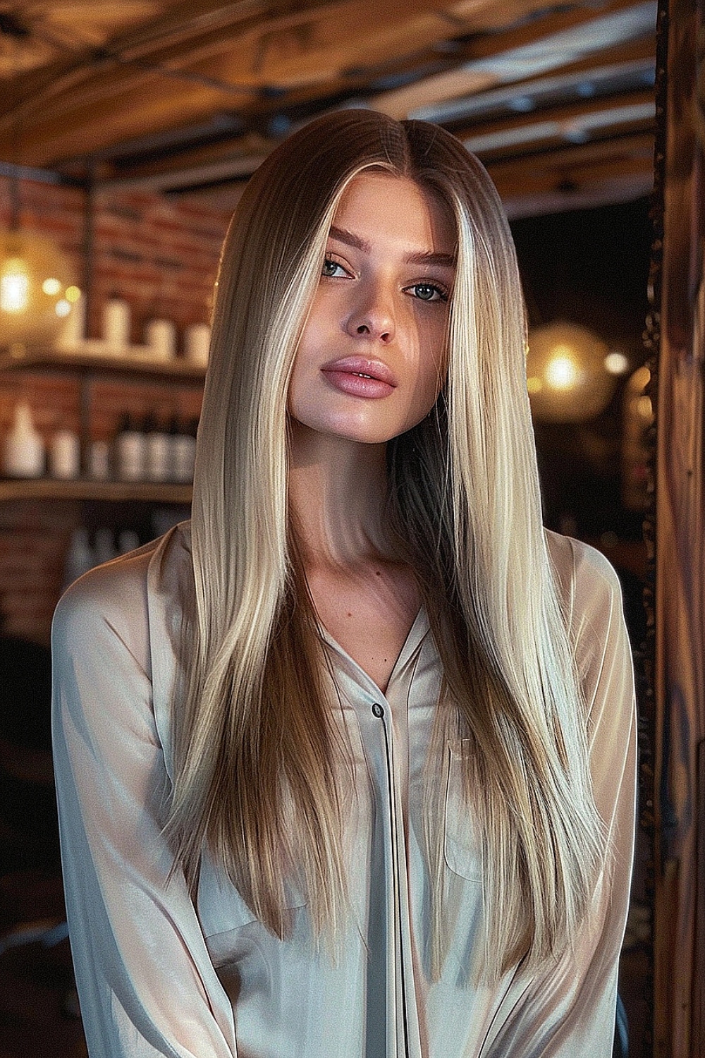 Woman with sleek, straight blonde hair and a middle part