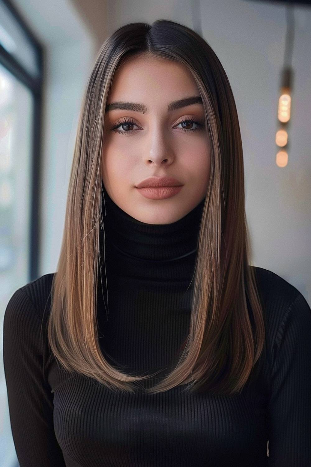 Sleek straight hair with a middle part