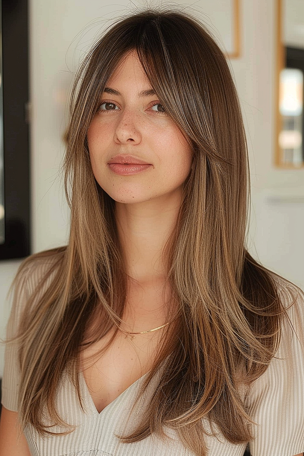 Sleek Straight Hair with Center-Part Bangs