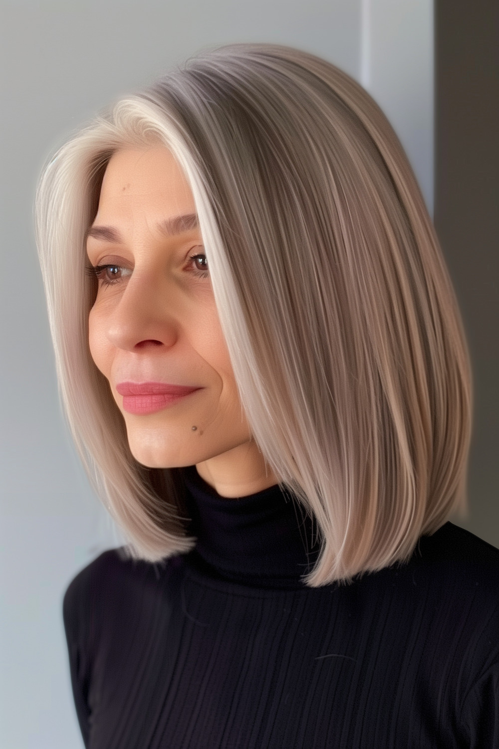 Sleek straight long bob with side part for women over 50