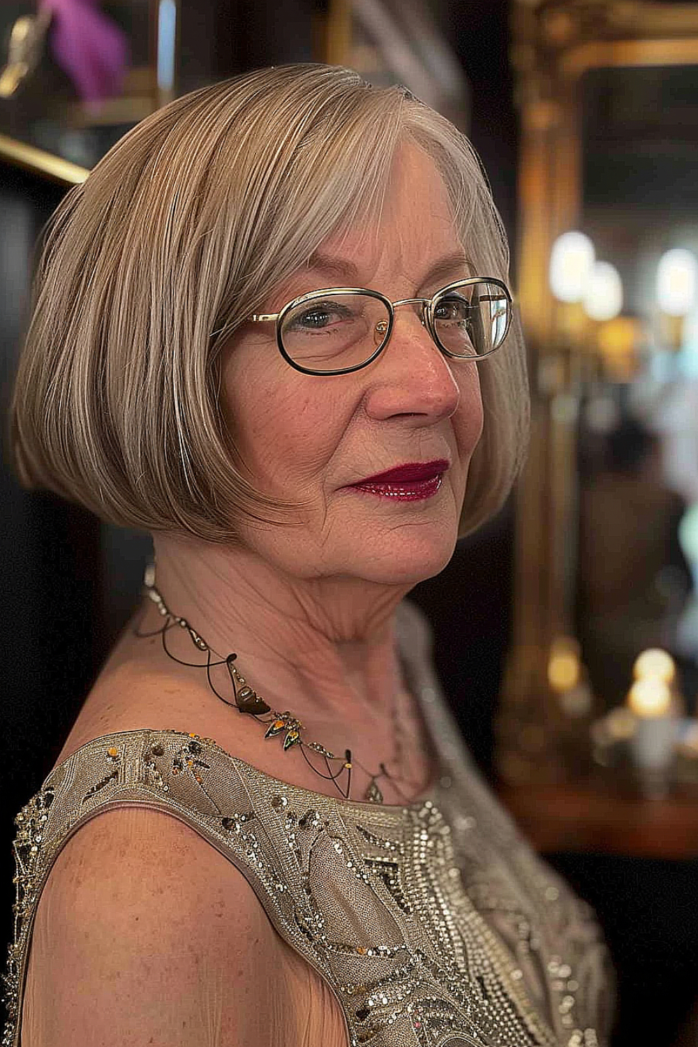 Woman with a sliced bob and side-swept bangs