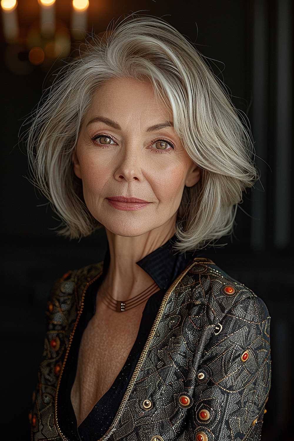 Senior woman with a sleek and sliced silver bob with depth and dimension