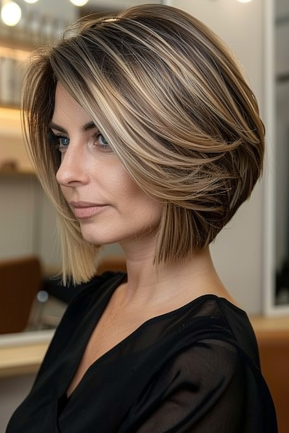 Sliced bob haircut with dark roots and light feathered ends on a woman.