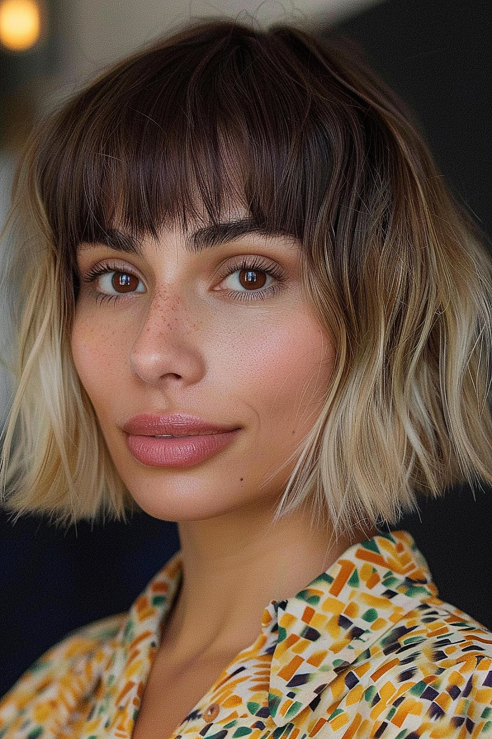 Woman with a sliced bob and razor-cut bangs, featuring a brunette to blonde color gradient