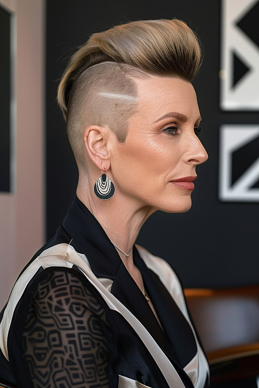 Slicked back undercut pixie with shaved designs on a woman over 50