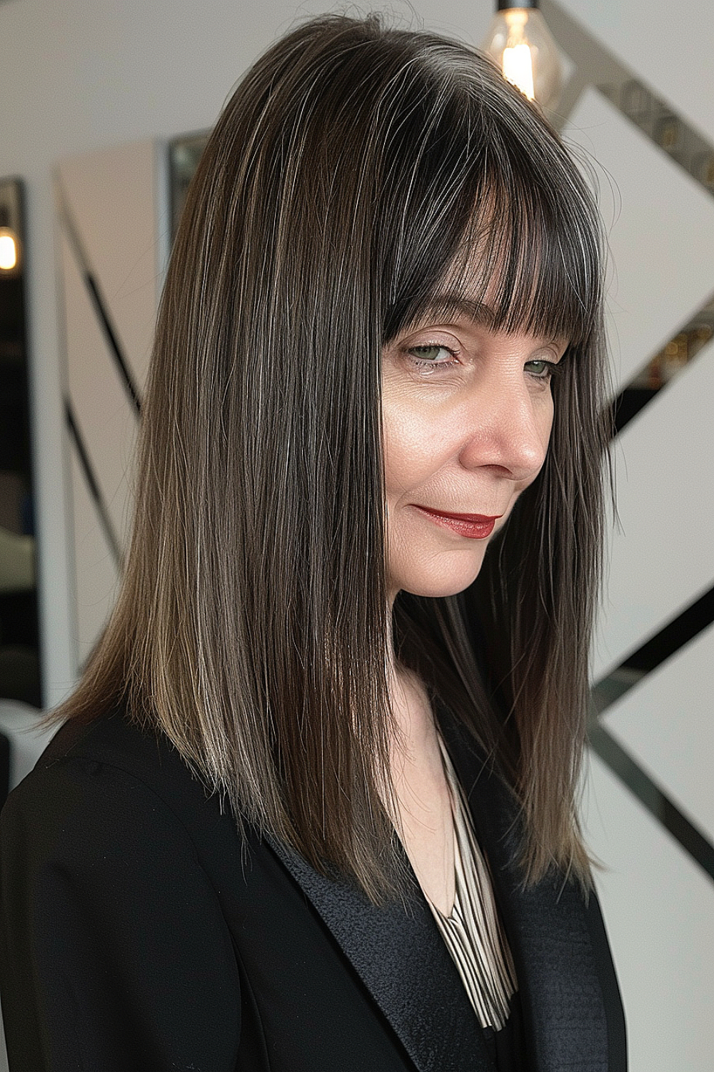 Woman with a smooth A-line cut and wispy bangs