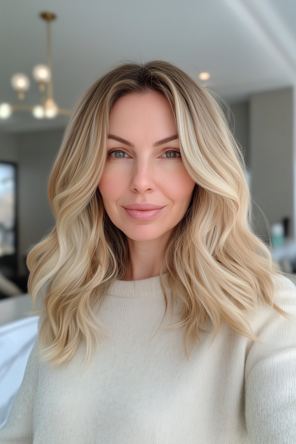 Soft beige blonde balayage with subtle waves