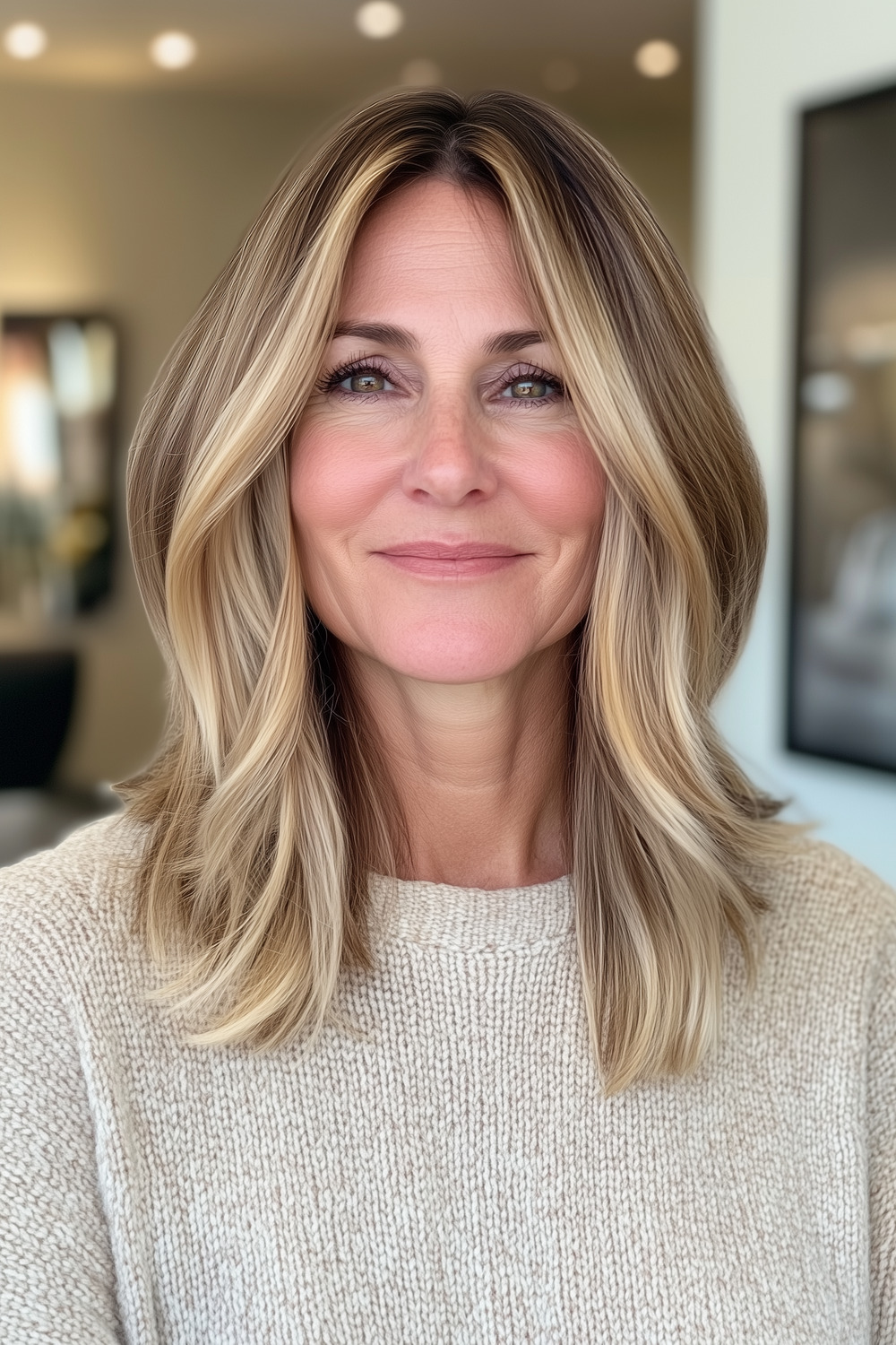 Soft blonde balayage with face-framing highlights