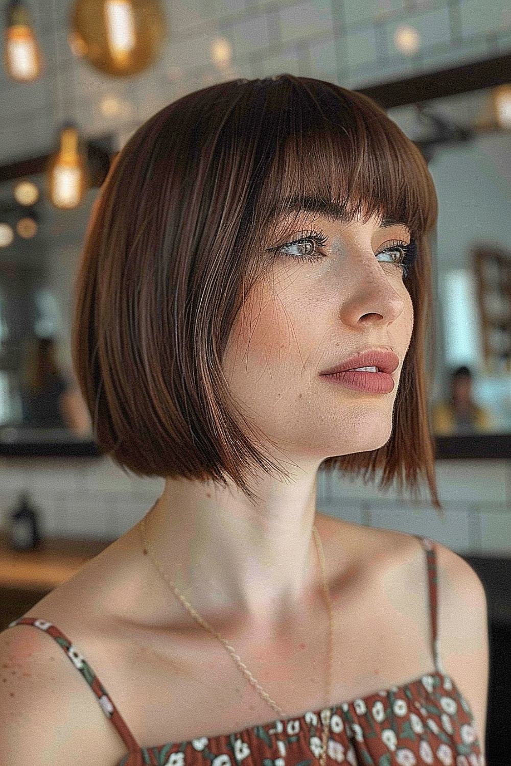 A woman with a classic soft blunt bob and full bangs in a warm chestnut color